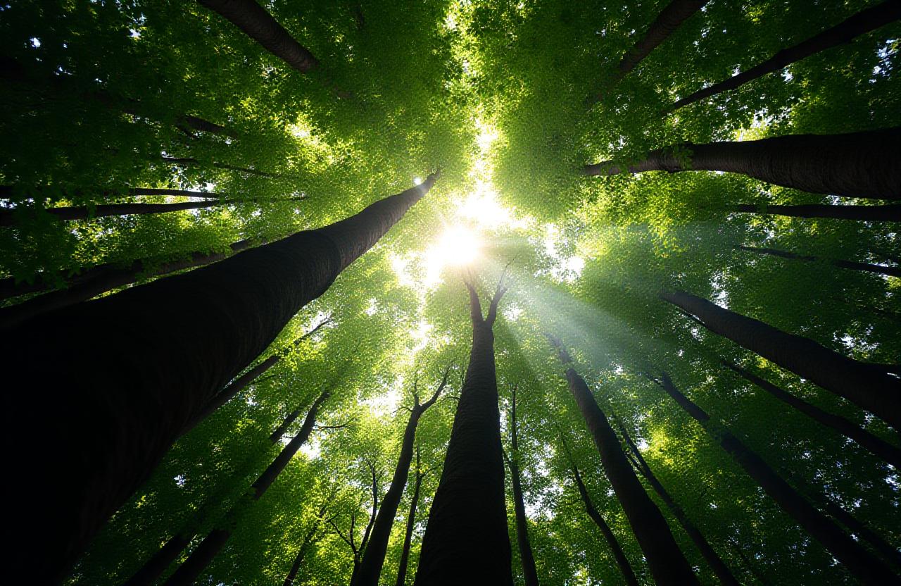 Lush green forest canopy looking upwards